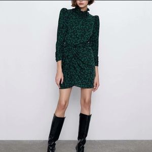 Zara navy/green ruched mini dress